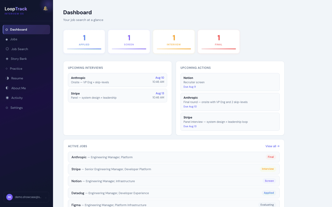 LoopTrack product walkthrough — dashboard, job pipeline, AI prep brief, tailored resume, story bank, interview practice, and job search